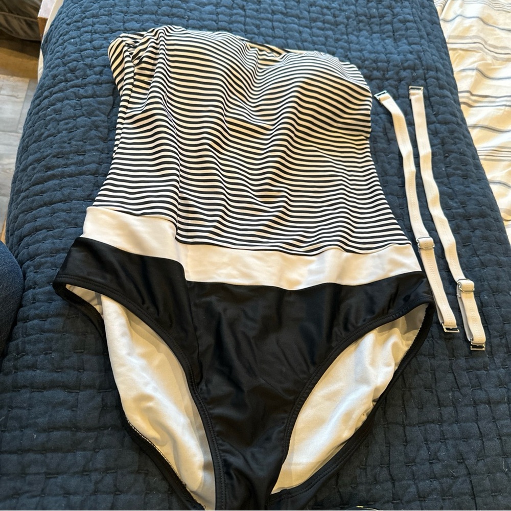 Striped Black and White Venus One Piece swimsuit removable straps